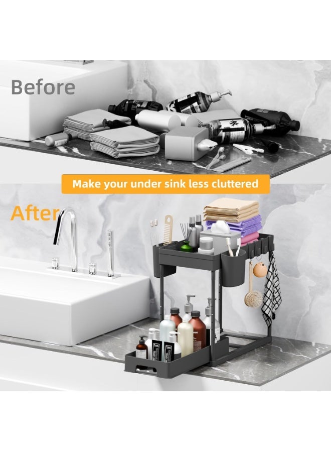 سيوسي Adjustable Under Sink Organizer, Pull-Out Storage Baskets with Telescoping Rod, Expandable Shelf Organizer for Kitchen & Bathroom Cabinets, Cleaning Supplies, Useful for Small Item (Black, 2-Tier) - Image 5
